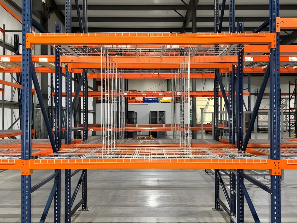 V-dividers splitting a pallet rack bay into lanes