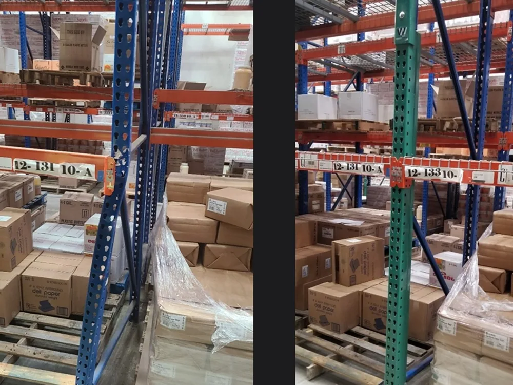 A crushed pallet rack upright, and the same bay after a repair kit was installed