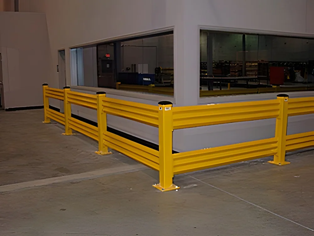 Pedestrian safety rail around a warehouse office corner