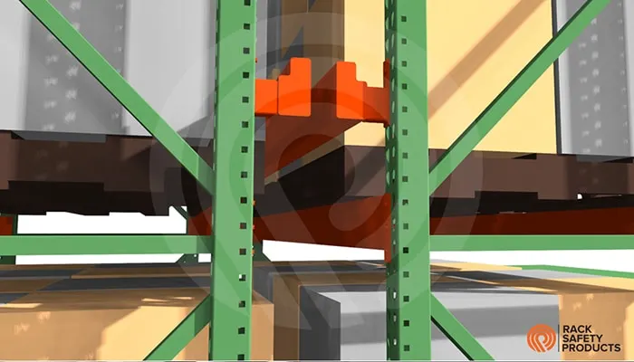 Backstop beam mounts on the rear uprights of a pallet rack, reaching into the flue space