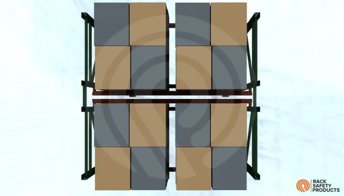Plan view of back-to-back pallet rack rows with backstop beams running the length of the flue on both sides