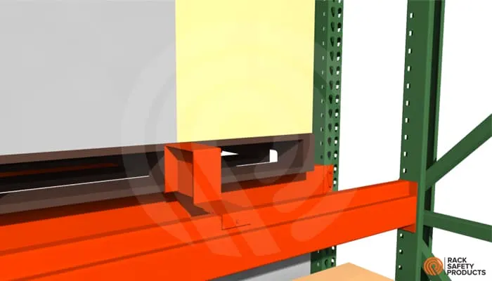 Flue Guard divider fixed to a pallet rack beam, with the pallet stopped against it