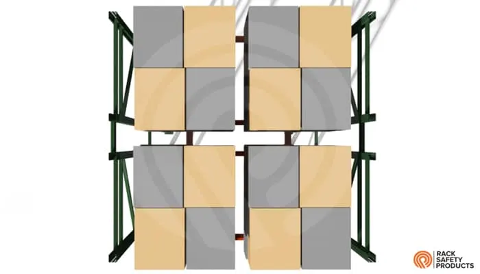 Plan view of back-to-back pallet rack rows fitted with Flue Guard, the flue space between them clear